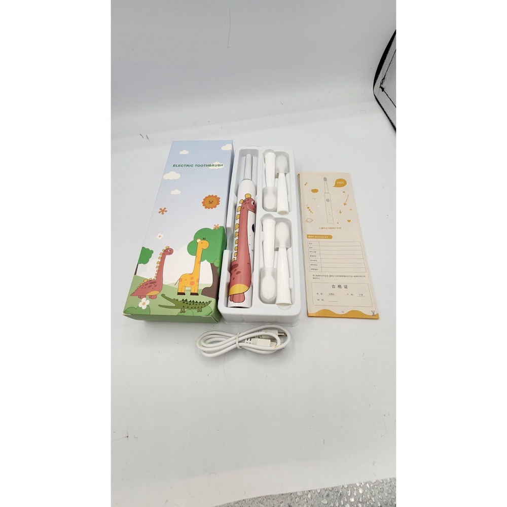 Kids Electric Toothbrush Set Pink Dinosaur Rechargeable with 4 Brush Heads White